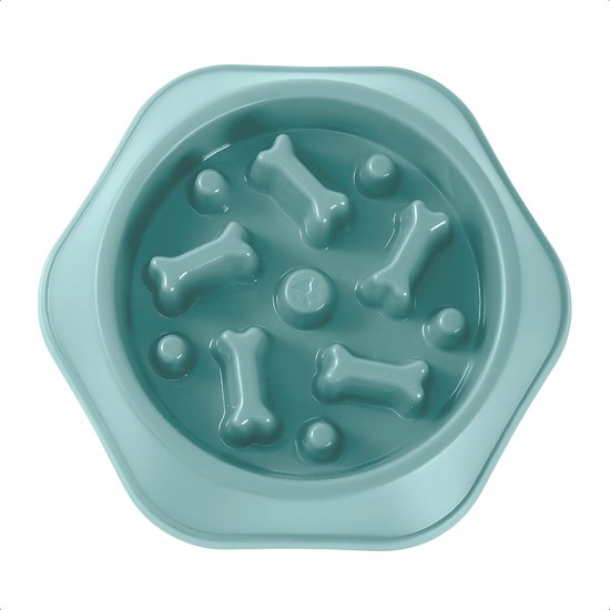Turquoise JAXY slowfeeder van bovenaf gezien, met botvormige obstakels om het eten te vertragen.