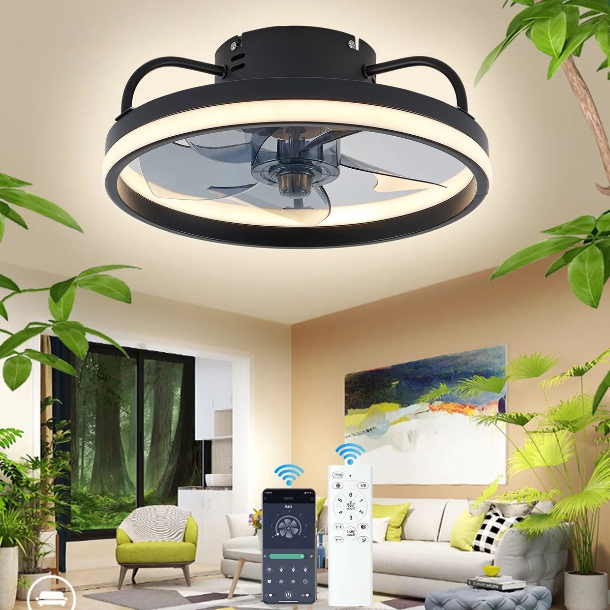 Zwarte Plafondventilator met Verlichting - Ventilator Lamp Plafond - Kroonluchter Ventilator - LED lamp - Stille ventilator - Afstandsbediening - Dimbaar - Woonkamer Lamp - Ventilator Lampen - Slaapkamer lamp - Eetkamerlamp thumbnail 4