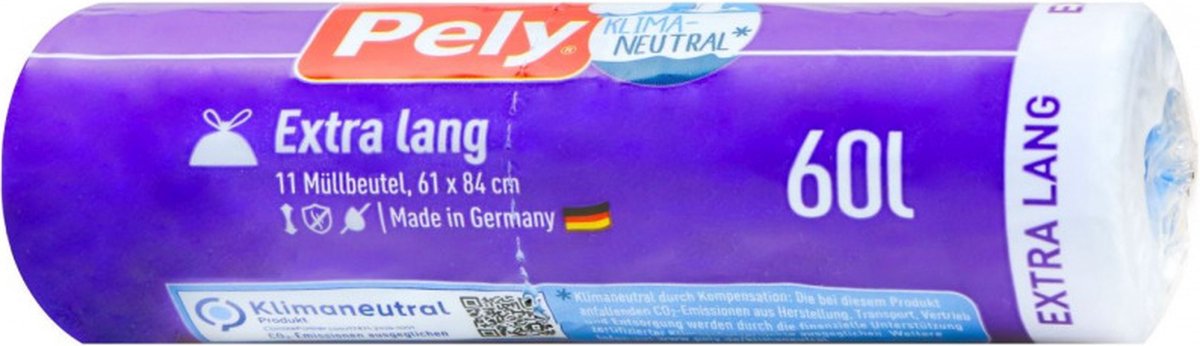Goedkoopste Pely® | 4 x 11 extra lange afvalzakken | 60 liter | 68 x 73 cm | klimaatneutraal | trekband | multipack