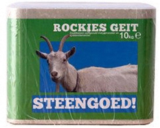 La pierre à lécher pour chèvres Rockies de 10kg avec une chèvre à cornes, emballée dans une feuille verte.