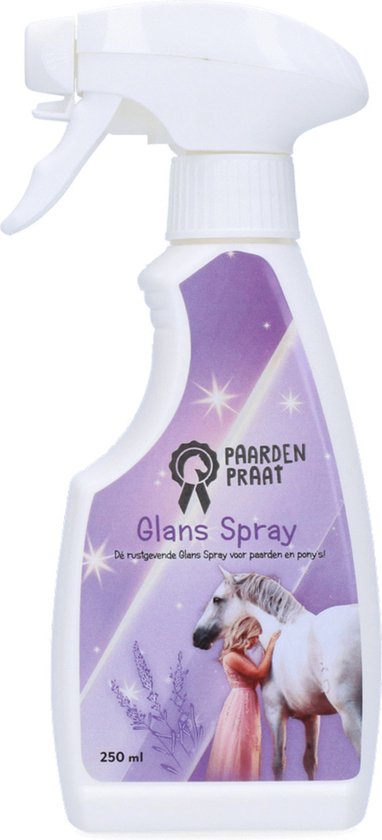 Foto: Paardenpraat glans spray knuffelspray voor paarden rustgevende werking anti klit formule lavendel 250 ml