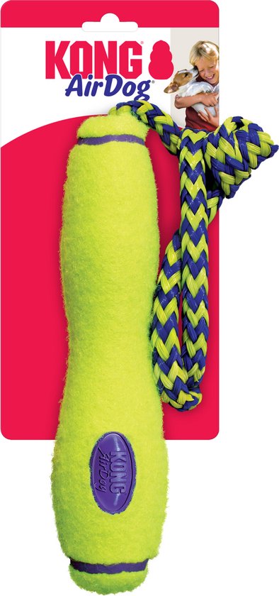 Lichtgroene KONG AirDog tennisbal sleper met paarsblauwe gevlochten draad op verpakking.