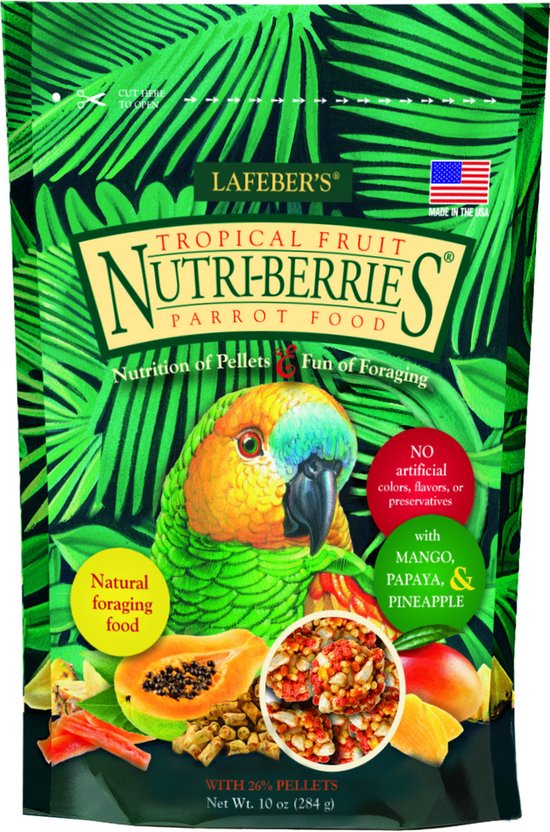 Lafeber's Nutri-Berries papegaaienvoer met tropisch fruit, 26% pellets. Met mango, papaya, ananas. Met een papegaai en fruitstukjes.