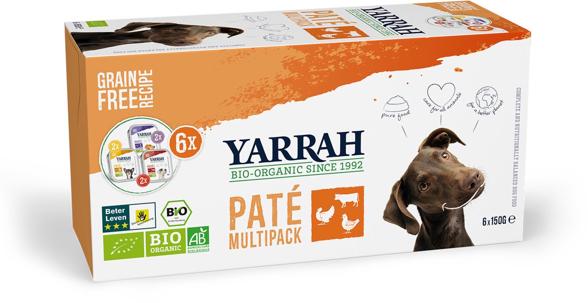 Yarrah Bio Hondenvoer Multipack Paté Graanvrij Kip&Kalkoen&Rund 6 x 150 gr