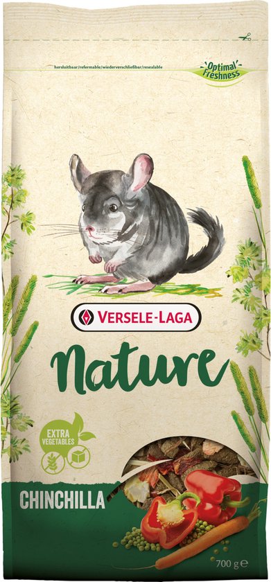 Zak Versele-Laga Nature Chinchilla voer met chinchilla-illustratie, groen en beige, 700 gram.