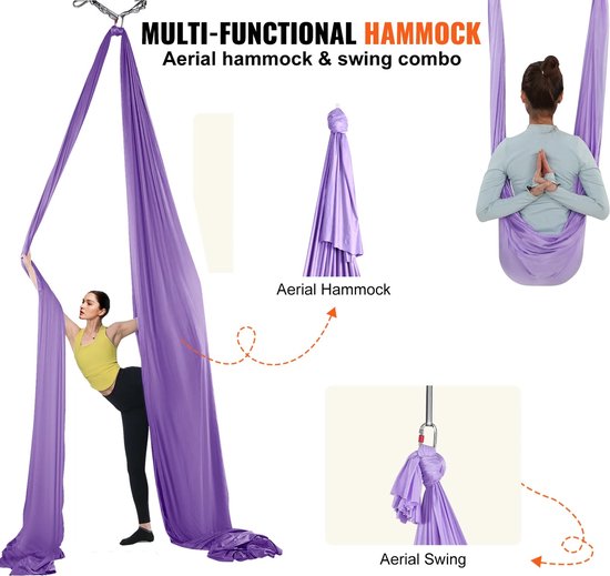 Foto: Paars yard aerial yoga hangmat swing yoga starterset antenne zijden yogaband accessoire voor alle niveaus fitness tot 200kilo