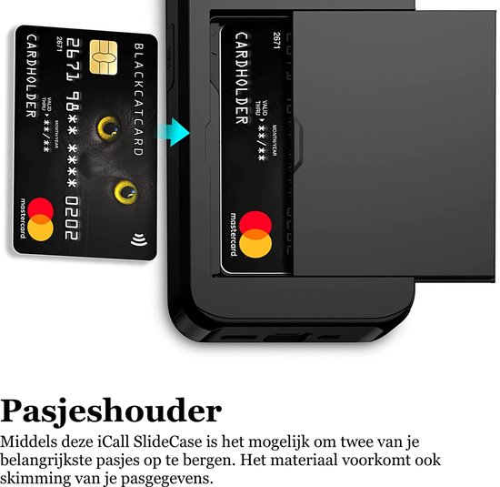 Hoesje met Pasjeshouder geschikt voor iPhone 16 Plus - 2x Screen Protector FullGuard - Back Cover SlideCase Zwart & Screenprotector