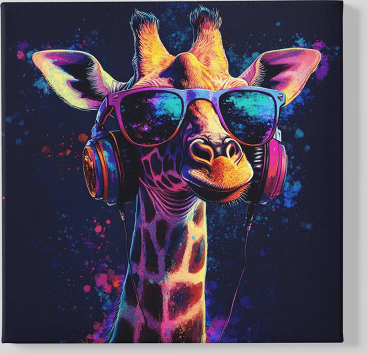 Trendex Global Vierkant Canvas Schilderij - Dieren - Giraffe met Koptelefoon - 60x60x2 cm Kleurrijk