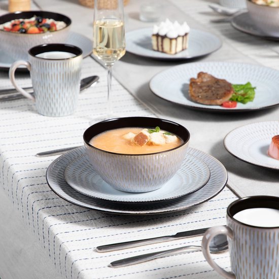 Roroa Luxe Tableware Set - Service de table pour 4 personnes - 16 pièces - Assiettes - Tasses - Soucoupe - Rond - Porcelaine - Services de table - Motif Grijs