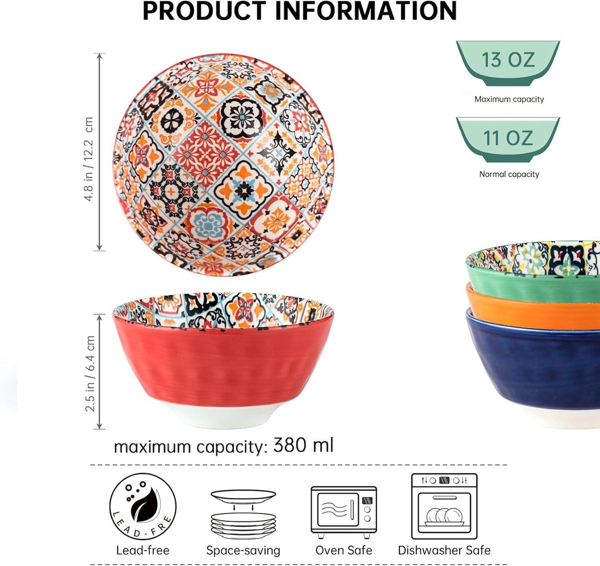 Mueslikommen, kleurrijk, soepkommen, pastakommen, porselein, voor 4 personen, 380 ml, slakommenset voor ramen, dessert, soepen, muesli, pasta