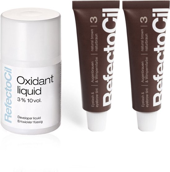 RefectoCil oxidant liquid 3% 10 vol. en twee tubes RefectoCil wenkbrauw- en wimperverf 3 natuur bruin.