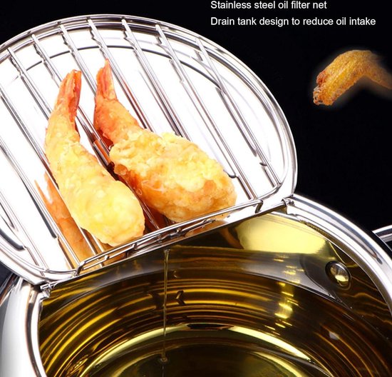 Friteuse Pot, 8 In Japanse Tempura Frituurpan RVS Friteuse Met Thermometer, Deksel En Olie Druppel Afdruiprek Voor Franse Frietjes Garnalen Kippenvleugels