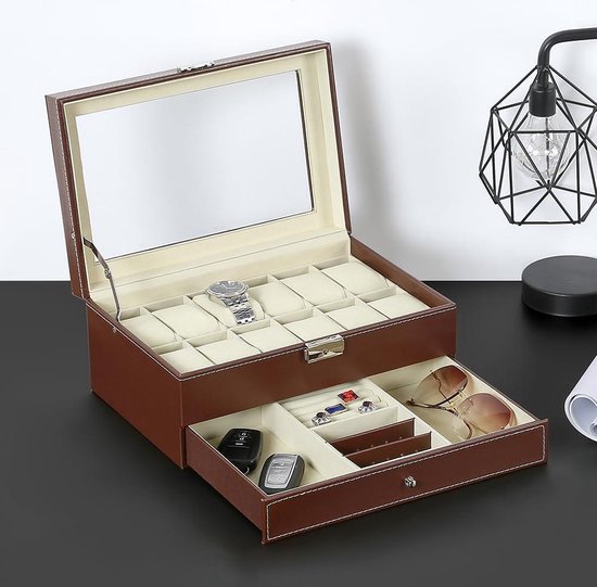 ProCase 2 Lagen Horlogebox Sieraden Horloge Opbergdoos Met Glazen Deksel Horlogekast Sieradenkistje Horlogekoffer 12 Vakken En 1 Lade Voor Horloges Ringen Armbanden Bruin 687467176