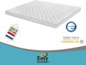 Een wit topmatras met golvend patroon, met 'Made in Holland' label en Oeko-Tex & CertiPUR certificaten.