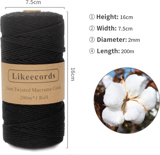 Likeecords Macramé koord, 2 mm x 201 m, gekleurd macramétouw, katoenen touw, macramégaren, kleurrijk knutselkoord om op te hangen, voor plantenhangers, knutselen, breien, helder wit