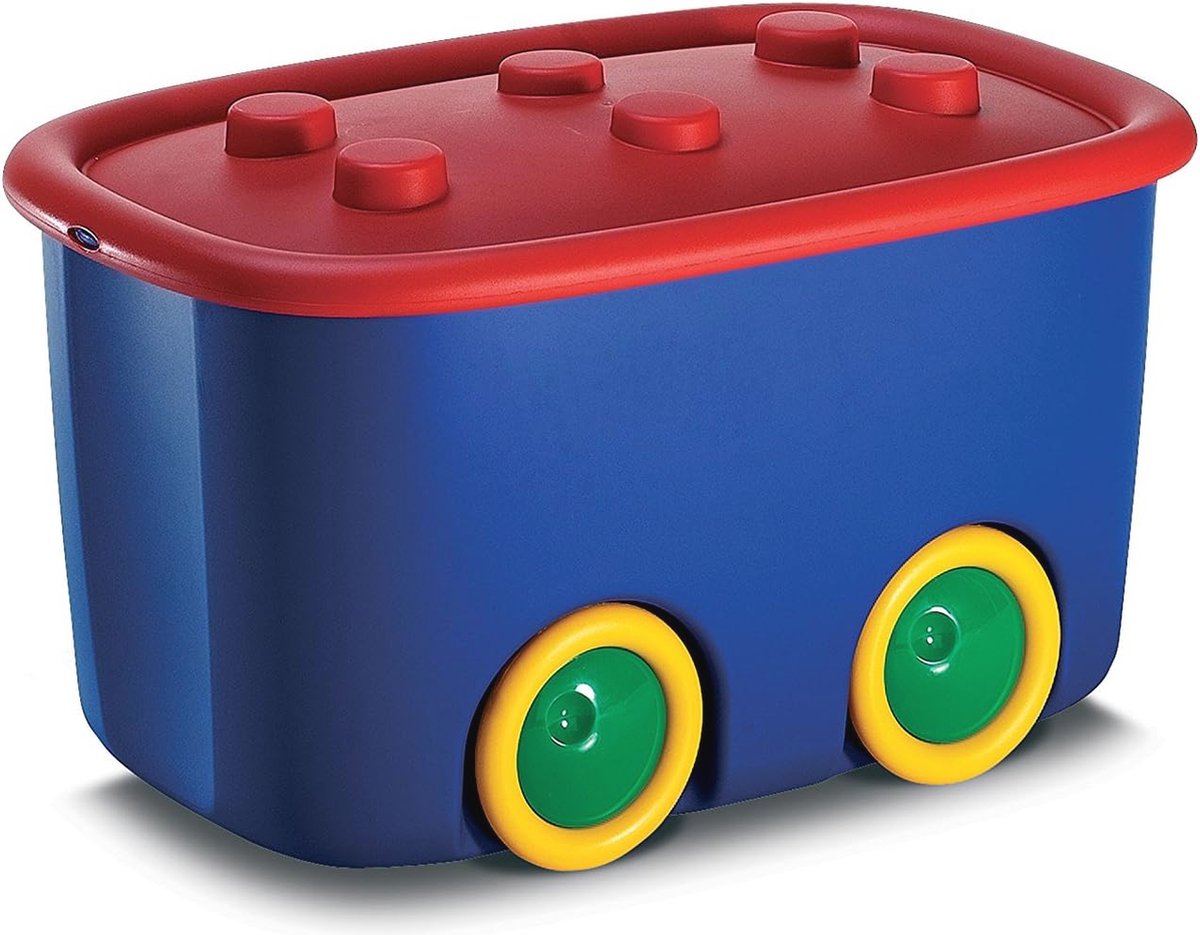 Speelgoedopbergdoos met Grote Wielen en Deksel voor Kinderen - Rood/Blauw