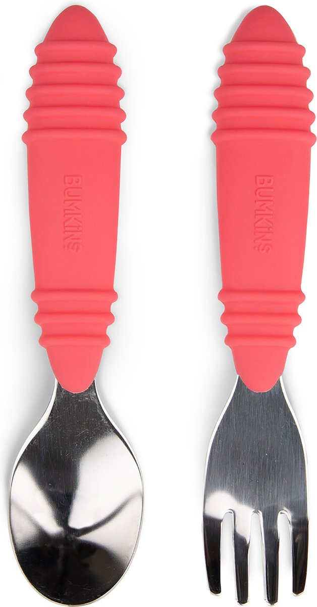 Goedkoopste Bumkins - kinderbestek 2-delig, lepel en vork - rvs en siliconen - rood