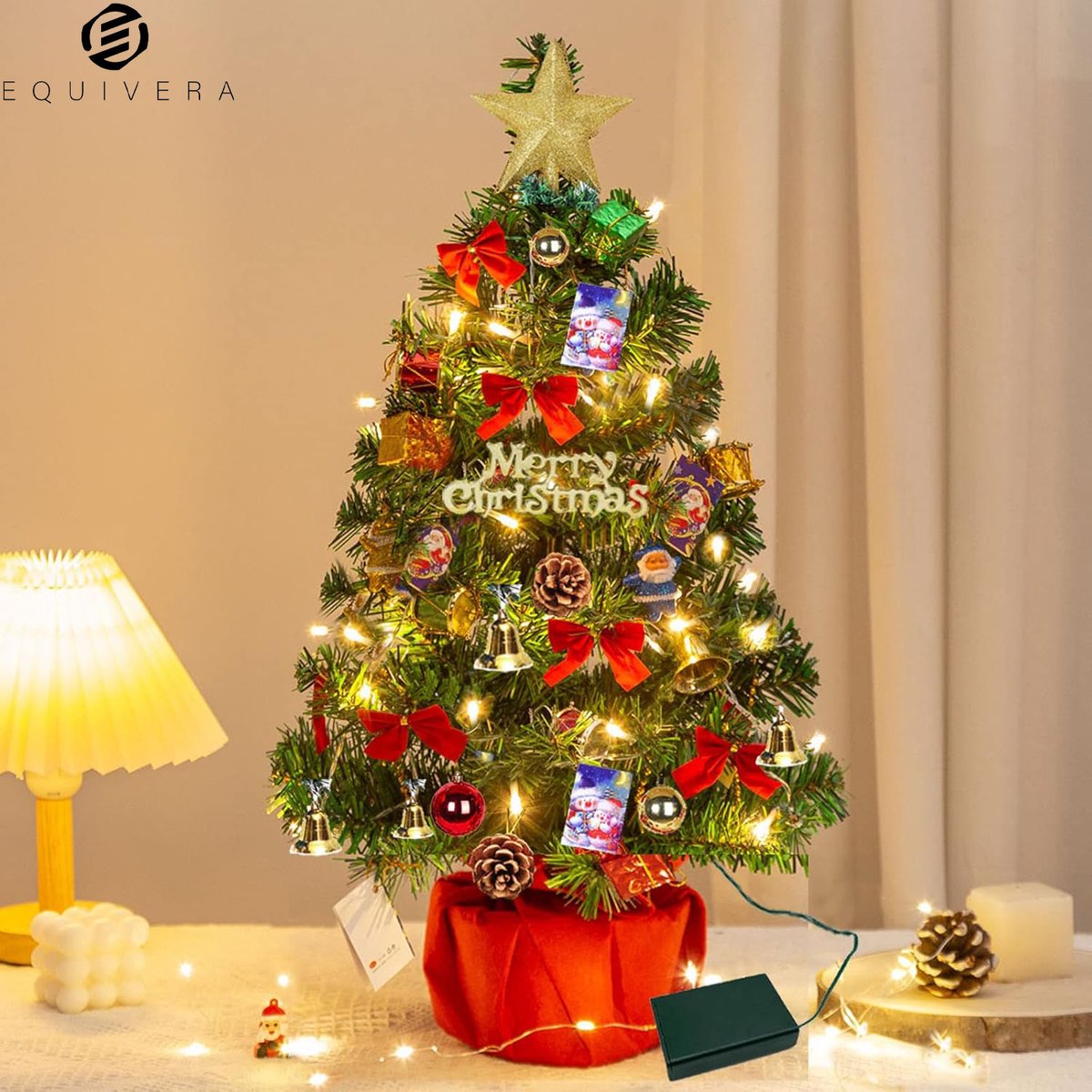 Equivera Mini Kerstboom met Verlichting - Mini Kerstboom met Decoratie - Mini Kerstboom - Mini Kerstboom met Lampjes - Kleine Kerstboom
