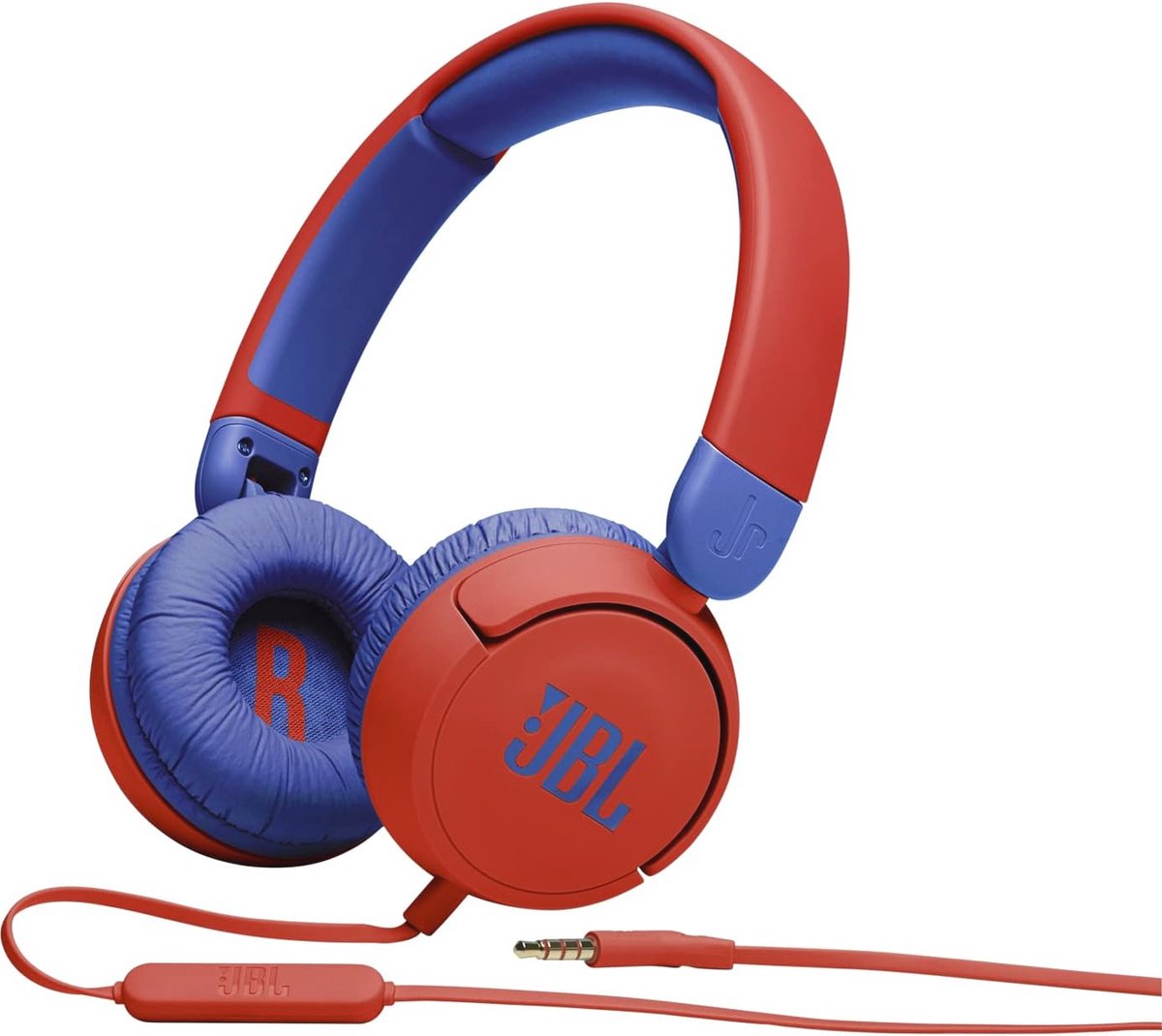 On-ear kinderkoptelefoon voor kinderen - bekabelde hoofdtelefoon met microfoon in rood-blauw - ideaal voor school en vrije tijd