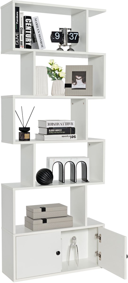 Costway Boekenplank met kast, 6-Laags S-vormige Boekenkast met Deuren, Vrijstaande Houten Decoratieve Opbergplanken voor Woonkamer, Slaapkamer, Thuiskantoor (Wit)