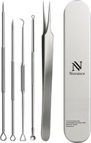 Nuvance Mee Eters Verwijderen - Blackhead remover - Set van 5 - Mee Eter Verwijderaar - Comedonenlepel - Zilver