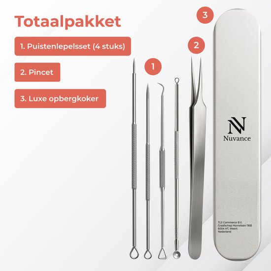 Zilverkleurige mee-eter verwijderaar set met 4 lepels en een pincet in een luxe opbergkoker.