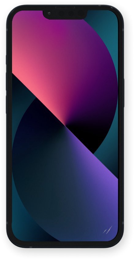 Voorzijde van een iPhone 13 mini in middernachtkleur met een roze en paarse wallpaper.