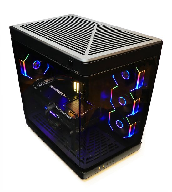 Zwarte computerkast met glazen panelen, verlicht met meerkleurige RGB-verlichting aan de zijkanten en bovenkant. De kast toont een 'GeForce RTX' grafische kaart.