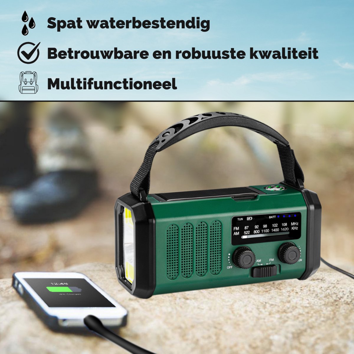 P-Repair - Noodradio - Opwindbare radio - Solar Opwindbaar - Powerbank Zonne-energie - 10.000mAh - Met zaklamp - USB oplader - USB-C oplader - Groen – foto 6