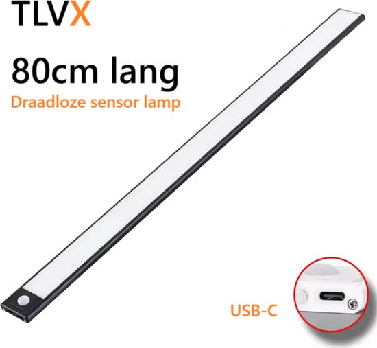 80 cm lange draadloze TLVX sensorlamp met USB-C aansluiting. Zwart met witte LED lichtstrip.