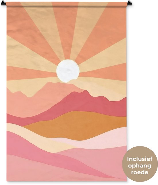 Tapisserie murale 90x135 cm - Tenture murale Montagnes - Abstraite - Rayons de soleil - Rose - Tapisserie murale