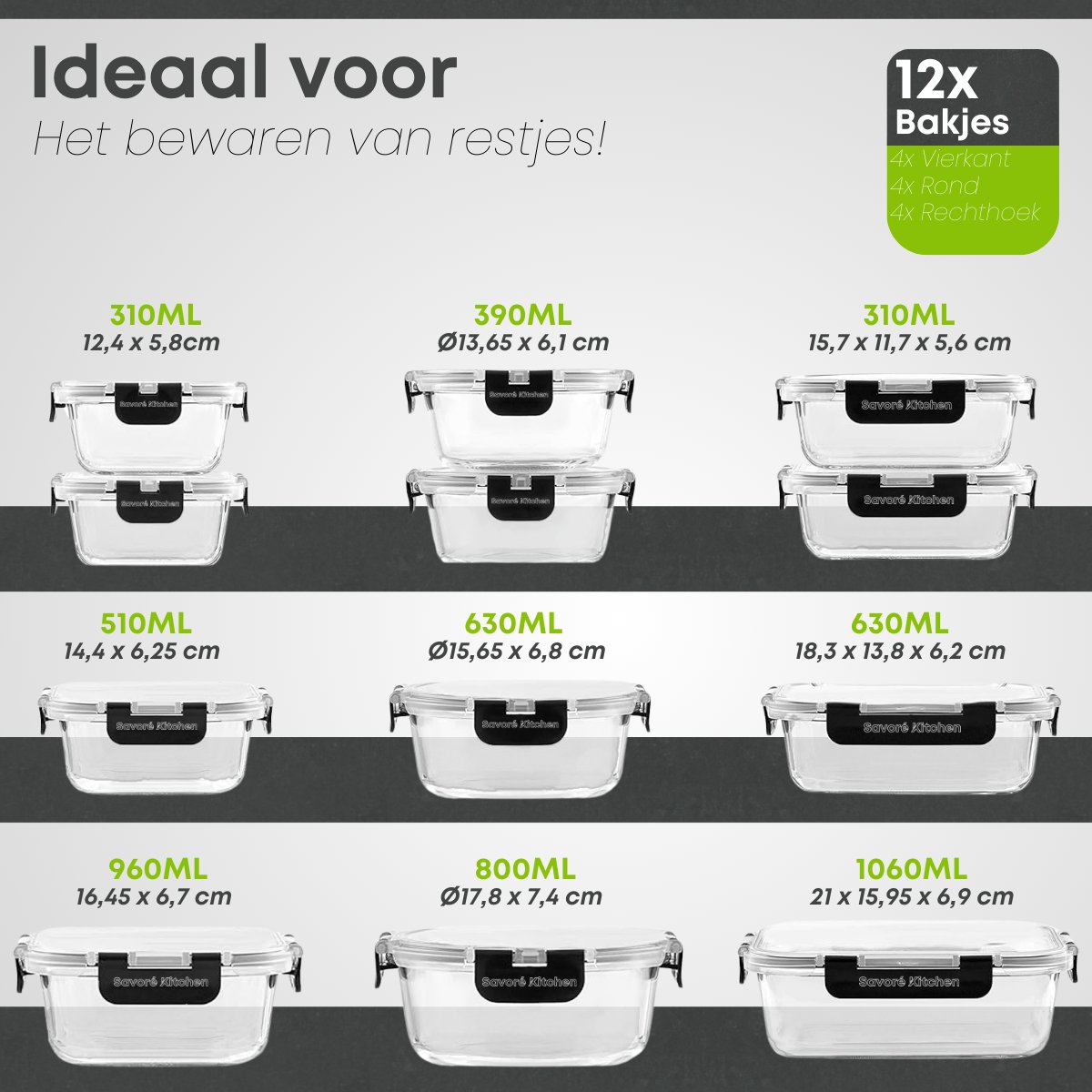 Savoré Kitchen Vershoudbakjes Set - Glas 12 stuks- Luchtdicht - Meal Prep Bakjes – Diepvriesbakjes - Set — afbeelding 2