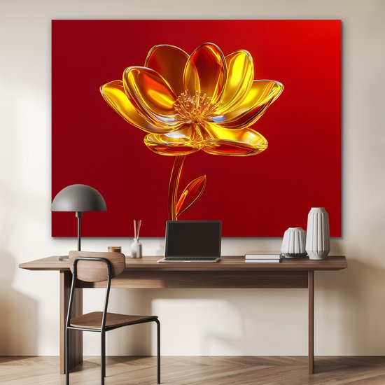 Aluminium schilderij 160x120 cm - Wanddecoratie metaal - Bloem - Goud - Glazen - Metalen muurdecoratie woonkamer - Decoratie industrieel - Foto op dibond - Industriële accessoires slaapkamer