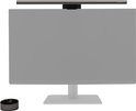 Grijze BenQ ScreenBar Halo 2 monitorlamp met draadloze afstandsbediening, boven een monitor met grijze weergave.