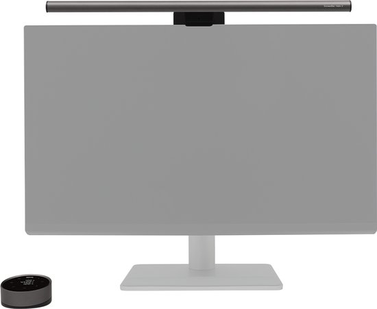 Grijze BenQ ScreenBar Halo 2 monitorlamp met draadloze afstandsbediening, boven een monitor met grijze weergave.