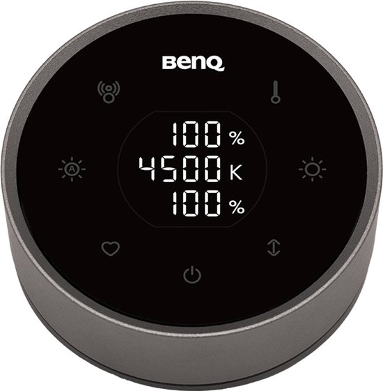 Draadloze ronde afstandsbediening voor de BenQ ScreenBar Halo, met een digitaal display en touchknoppen.