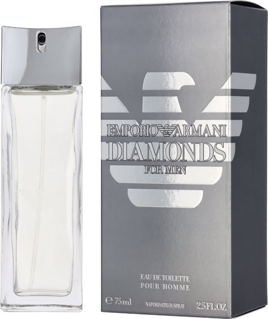 Armani Emporio Diamonds for Men Eau de Toilette 75ml parfumfles met zilverkleurige doos.