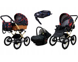Poussette BabyLux® 4 en 1 - CLASSIC GOLD - RED BOW SILVER FRAME - Poussette pliante avec nacelle, siège sport multifonction, siège auto, base ISOFIX - Poussette combinée avec sac à langer, habillage pluie et moustiquaire