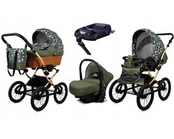Poussette BabyLux® 4 en 1 - Châssis Classic Gold - Olive Star Silver - Poussette pliante avec nacelle, siège sport multifonction, siège auto, base ISOFIX - Poussette combinée avec sac à langer, habillage pluie et moustiquaire