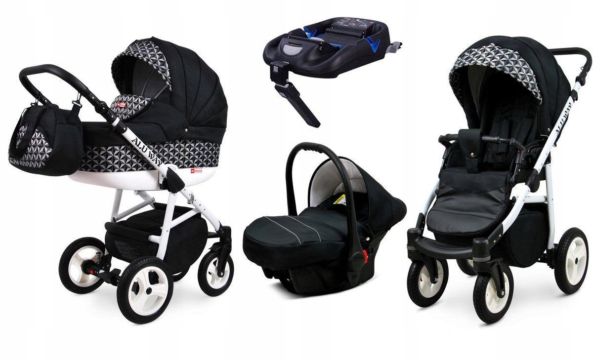 BabyLux® Kinderwagen 4in1 – ALUWAY - OPTICAL BLACK - Opklapbare Wandelwagen incl. Reiswieg, Multifunctionele Buggy Sportstoel, Autostoel, ISOFIX basisstation - Combi-kinderwagen met Luiertas, Regenhoes, Klamboe