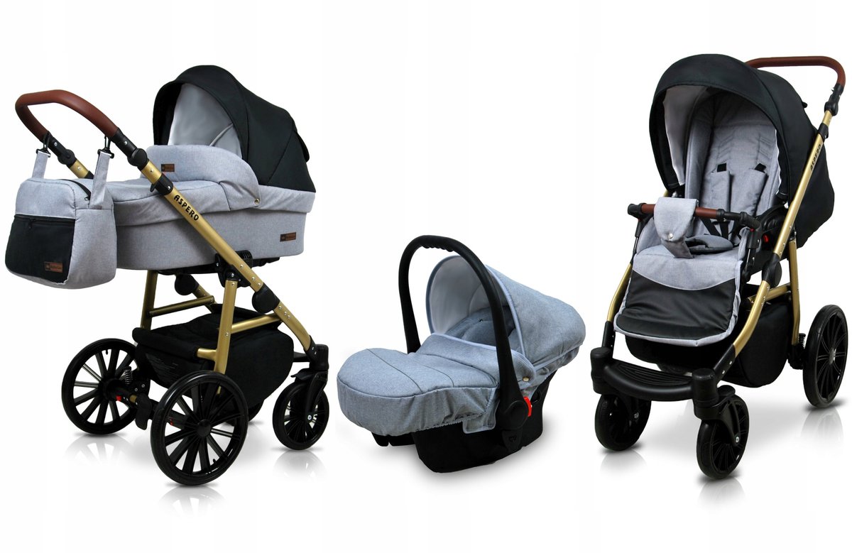 BabyLux® Kinderwagen 3in1 – ASPERO - SILVER BLACK - Opklapbare Wandelwagen incl. Reiswieg, Multifunctionele Buggy Sportstoel, Autostoel - Combi-kinderwagen met Luiertas, Regenhoes, Klamboe, Bekerhouder, etc.