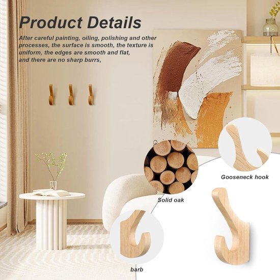 Hazrcvr Houten garderobehaken, 4 stuks, wandhaken, rek, eiken, handdoekhaken, natuurlijk hout, vintage, kleerhaken, handgemaakte kledinghaken