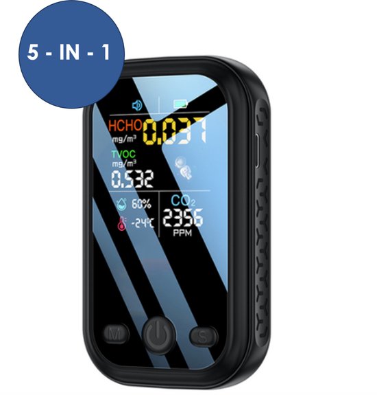 Heuts Goods - CO2 meter 5 in 1 - Hygrometer - Hygrometer binnen - CO2 Melder - Luchtvochtigheidsmeter - Co2 meter binnen - Zwart