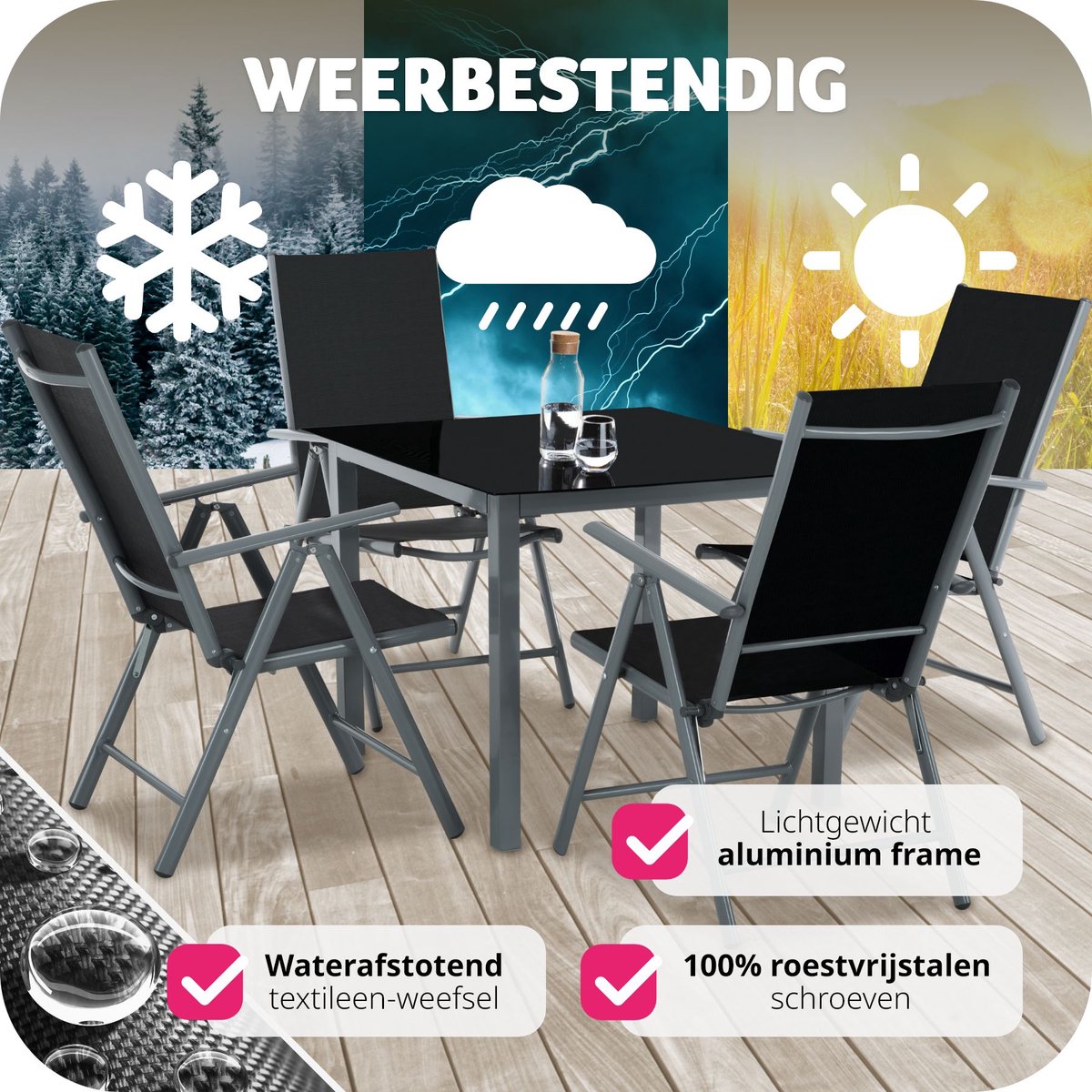 tectake® - Aluminium Tuinset - Zitgroep met 4 Tuinstoelen en 1 Tuintafel - Donkergrijs - Tuinmeubelset voor 4 Personen - Weerbestendig en UV-bestendig - Stoelen met verstelbare Rugleuning - Tuintafelset – foto 6