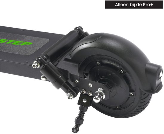 Close-up van het achterwiel en de schokdempers van een zwarte StapStep Pro+ elektrische step.
