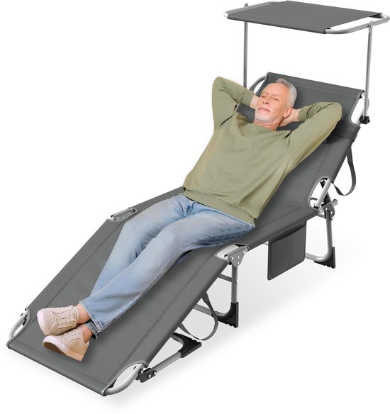 Zonneligstoel met dak, tuinstoel, outdoor ligstoel met hoofdkussen, strandstoel, inklapbaar, verstelbare rugleuning, zonwering tot 100 kg, voor strand, camping, balkon, terras, antraciet — afbeelding 3