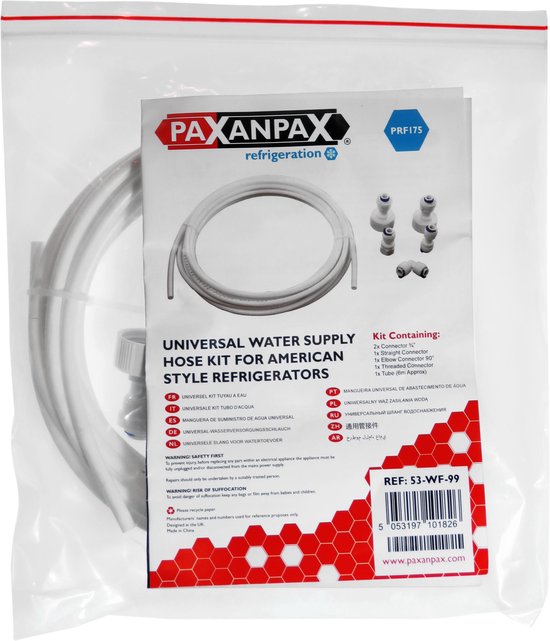 Universele waterslang set voor Amerikaanse koelkasten, inclusief 6m slang en diverse koppelstukken.