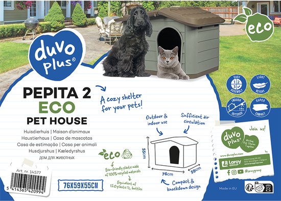 Duvo Plus Pepita 2 Eco hondenhok in bruin en groen met een hond en een kat ervoor.