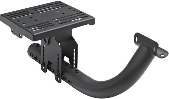 Zwarte, gebogen arm met montageplaat voor accessoires, bevestigd aan een ronde buis.
