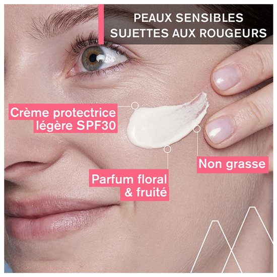 Huid met neiging tot roodheid. Een lichte, vlekkeloze crème met SPF 30, florale en fruitige geur.